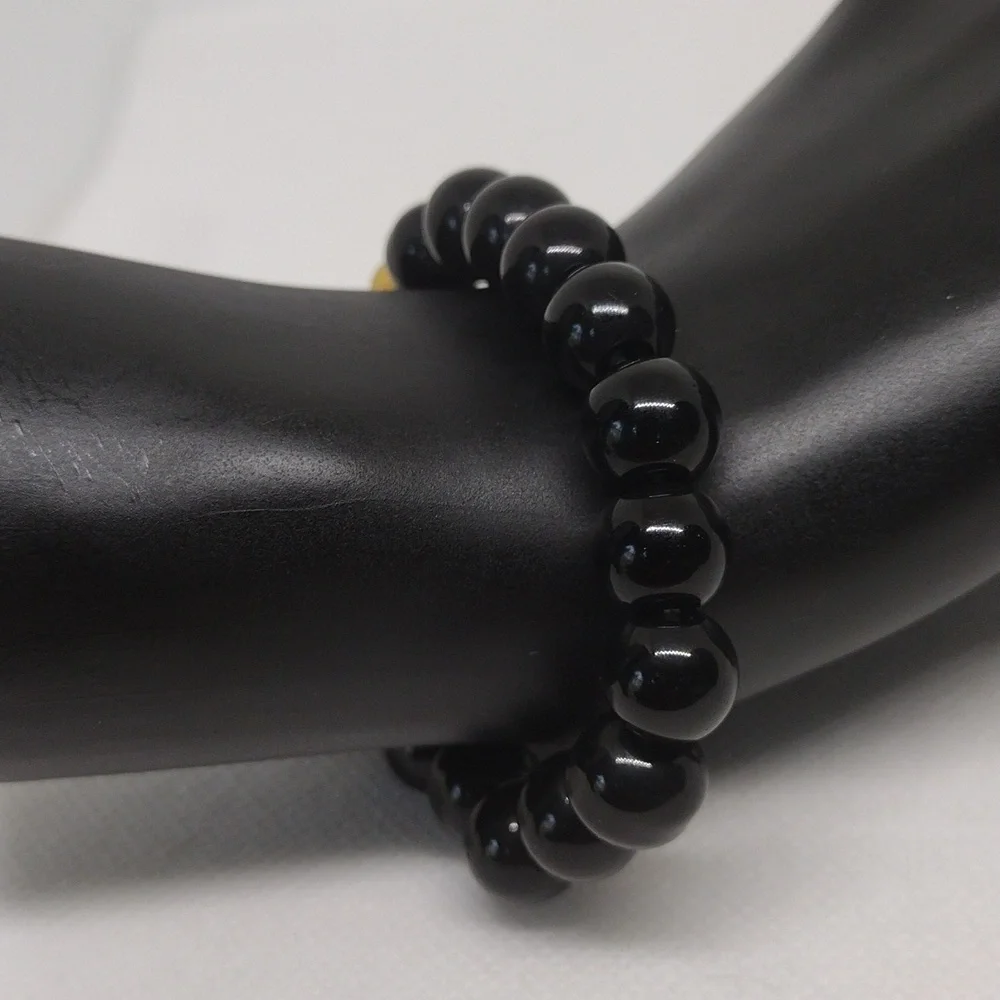 Feng Shui Black Obsidian & Gold Pixiu Wealth Luck Bracelet | Unisex Stretch